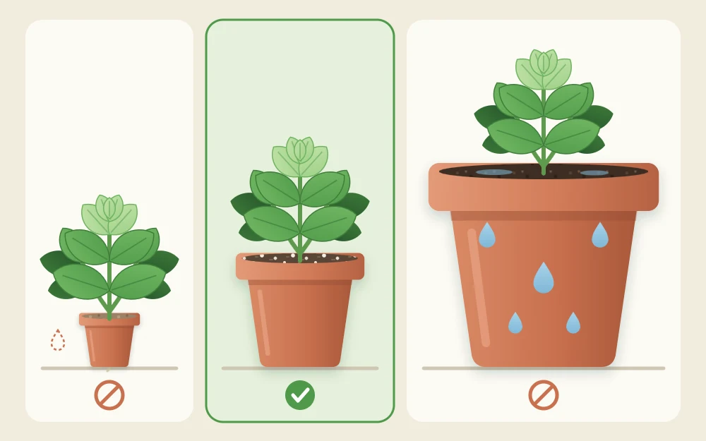 Three pots of increasing size in a row, each holding the same small basil plant: one too small, one a good fit and one far too large