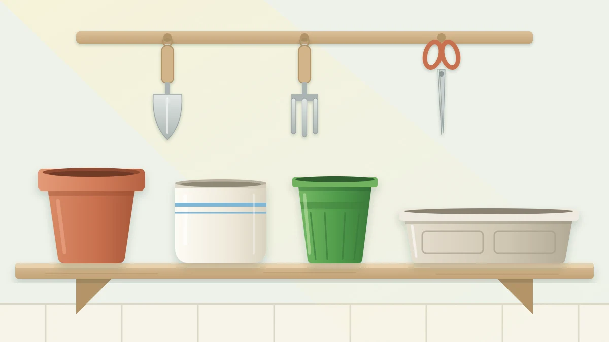 A shelf with four empty pots: unglazed terracotta, glazed cream ceramic, a green plastic pot and a long narrow window box