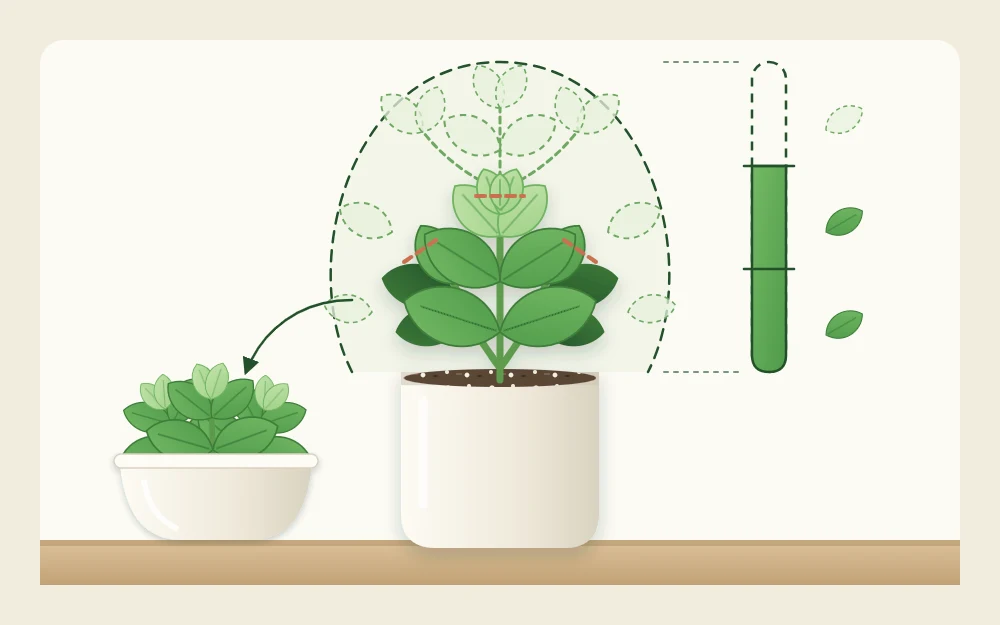 A potted herb with a faint dashed outline of its size before cutting and the leafy two thirds left after harvest