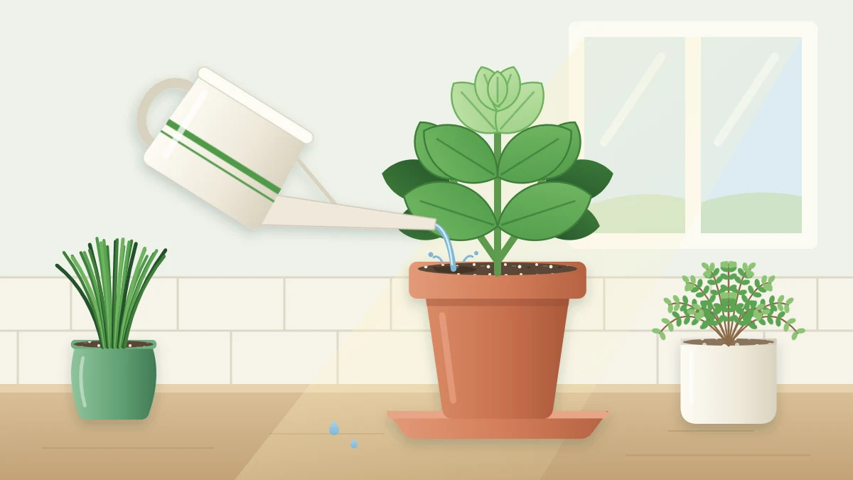 A small long-spout watering can pouring a thin stream onto the soil of a potted basil plant in a terracotta pot on a saucer