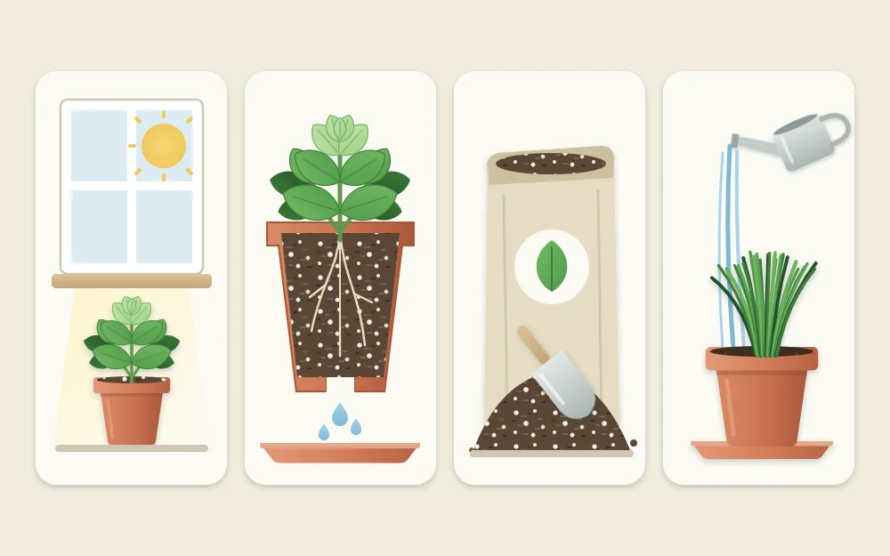 Four tiles in a row: sun through a window, a cutaway pot with a drainage hole, a heap of potting mix with a scoop, and a watering can over a pot