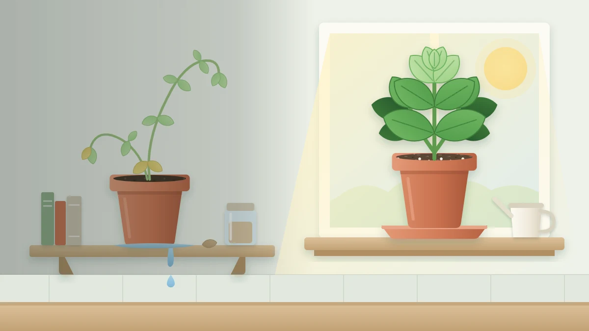 A pale leggy basil on a dim shelf far from a window beside a compact healthy basil on a sunny windowsill