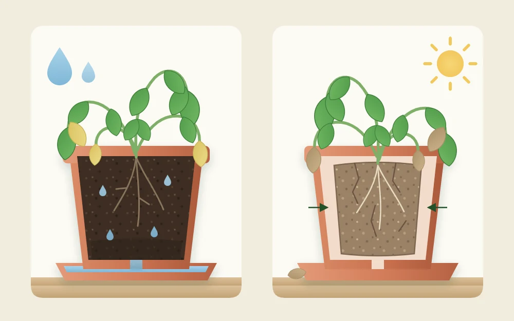 Two wilted basil plants in cutaway pots, one in dark soggy mix with water in the saucer and one in pale dry shrunken mix