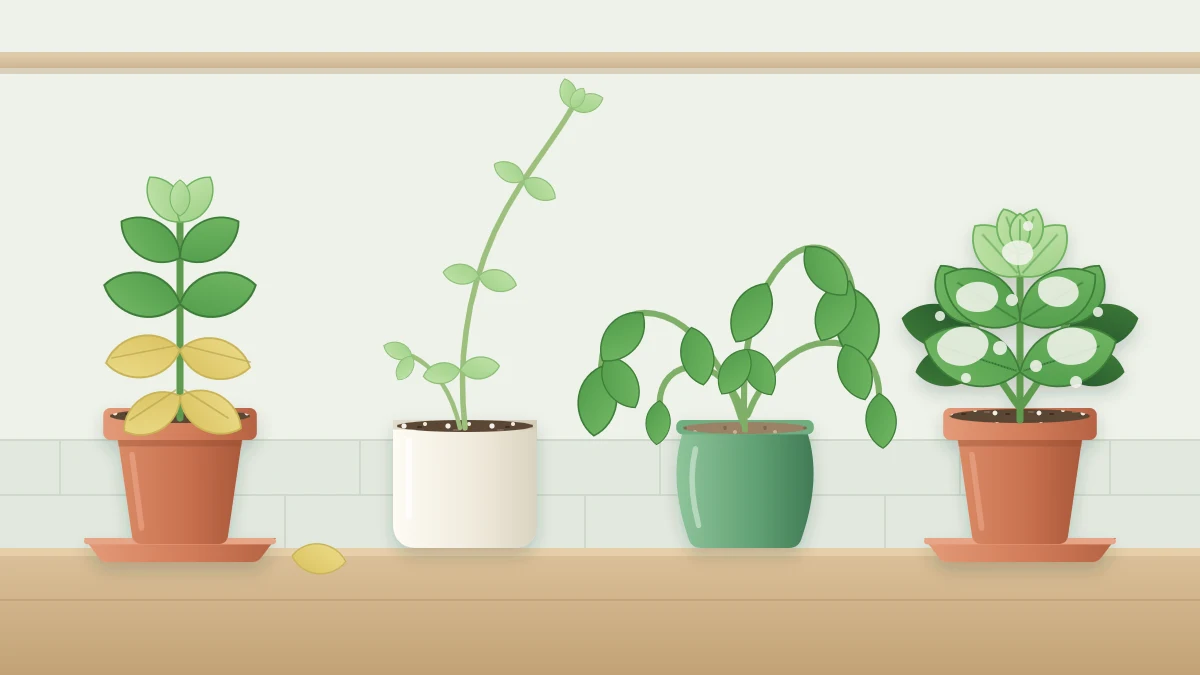 Four potted herbs in a row showing yellowing lower leaves, a stretched leaning stem, a wilted plant and a white powdery coating