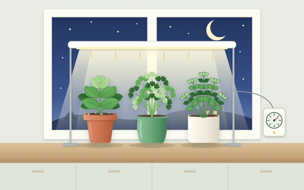 A light bar switched on above three potted herbs in front of a window with a dark blue evening sky and crescent moon