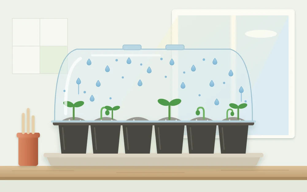 A cell tray under a clear domed lid with a few tiny green sprouts emerging and condensation droplets inside the lid