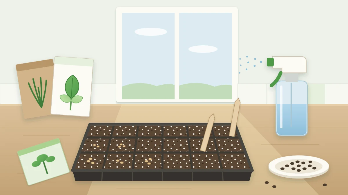 A cell tray filled with dark mix on a table beside plain seed packets, a small dish of seeds and a fine mist sprayer
