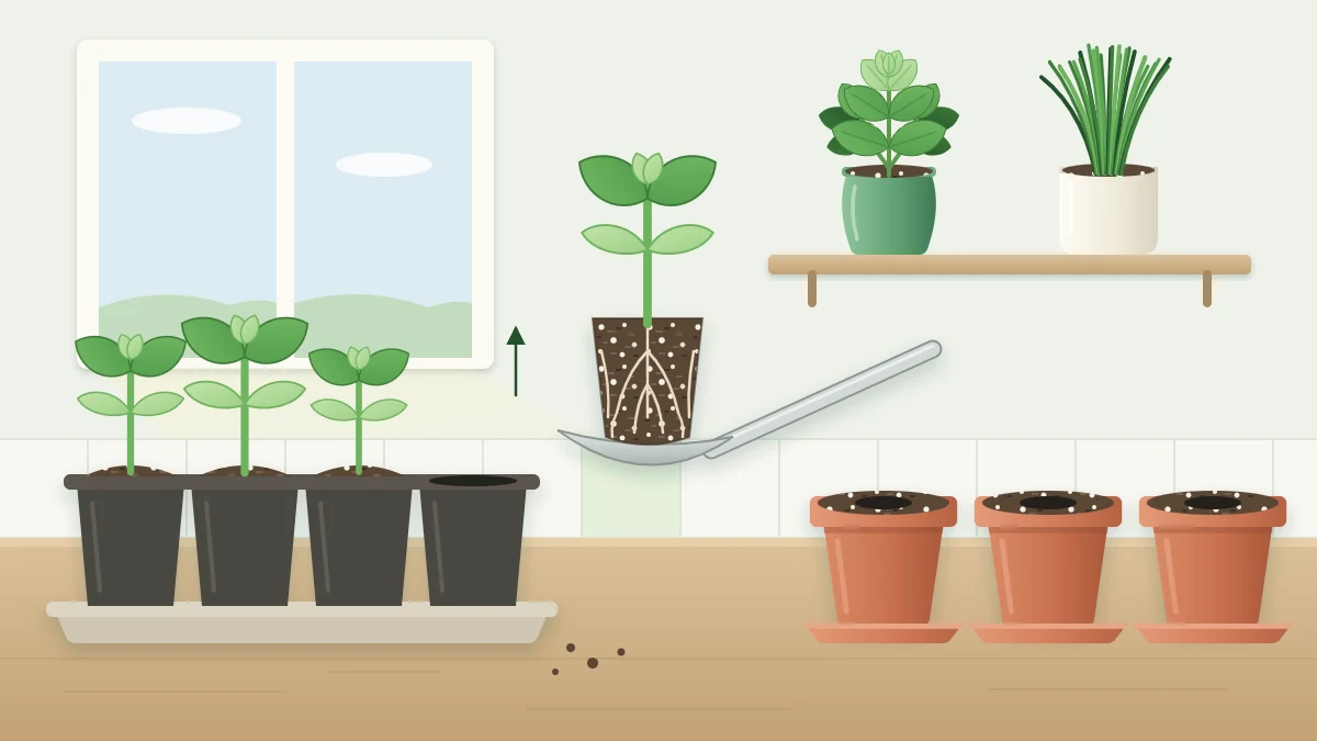 A cell tray of young herb seedlings, a spoon lifting one seedling with its root plug, and a row of small pots filled with mix